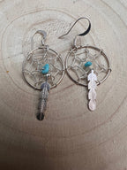 Navajo Handmade Sterling & Kingman Turquoise Dreamcatcher Earring - Cowhide and Conchos
