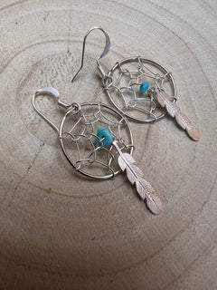 Navajo Handmade Sterling & Kingman Turquoise Dreamcatcher Earring - Cowhide and Conchos
