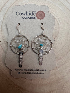 Navajo Handmade Sterling & Kingman Turquoise Dreamcatcher Earring - Cowhide and Conchos
