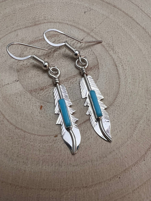 Navajo Handmade Sterling Silver and Kingman Turquoise Earrings by Allen Barney - Cowhide and Conchos