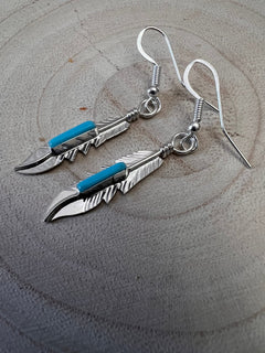 Navajo Handmade Sterling Silver and Kingman Turquoise Earrings by Allen Barney - Cowhide and Conchos