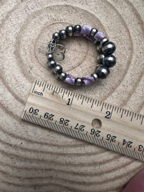 Navajo Pearl Hoop Earrings with Wampum Shell Beads - 1 1/2 inch drop - Cowhide and Conchos