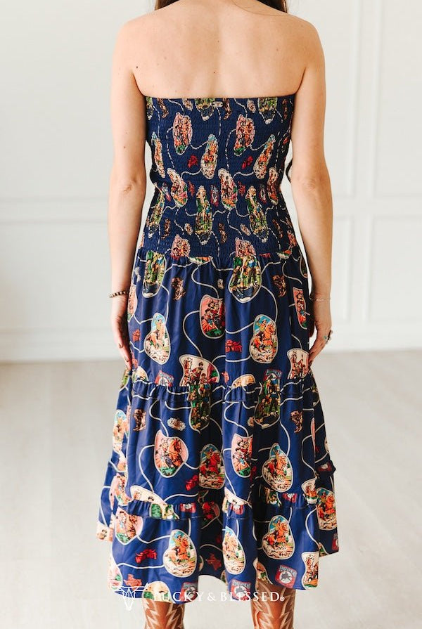 Navy Retro Rodeo Print Smocked Strapless Western Midi Dress - Cowhide and Conchos