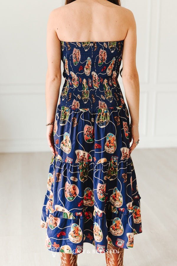 Navy Retro Rodeo Print Smocked Strapless Western Midi Dress - Cowhide and Conchos