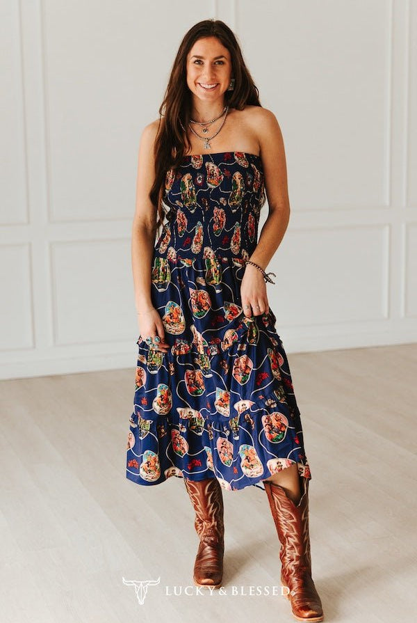 Navy Retro Rodeo Print Smocked Strapless Western Midi Dress - Cowhide and Conchos