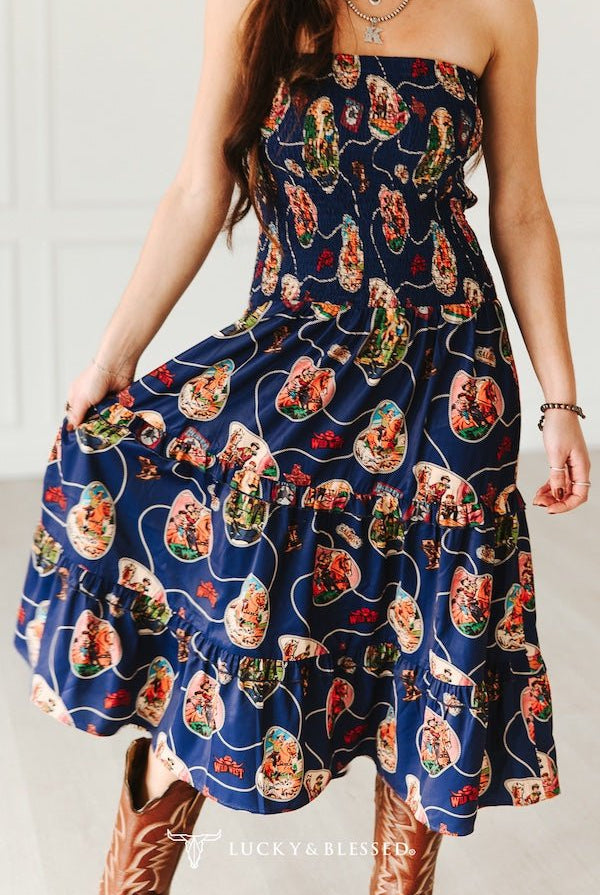 Navy Retro Rodeo Print Smocked Strapless Western Midi Dress - Cowhide and Conchos
