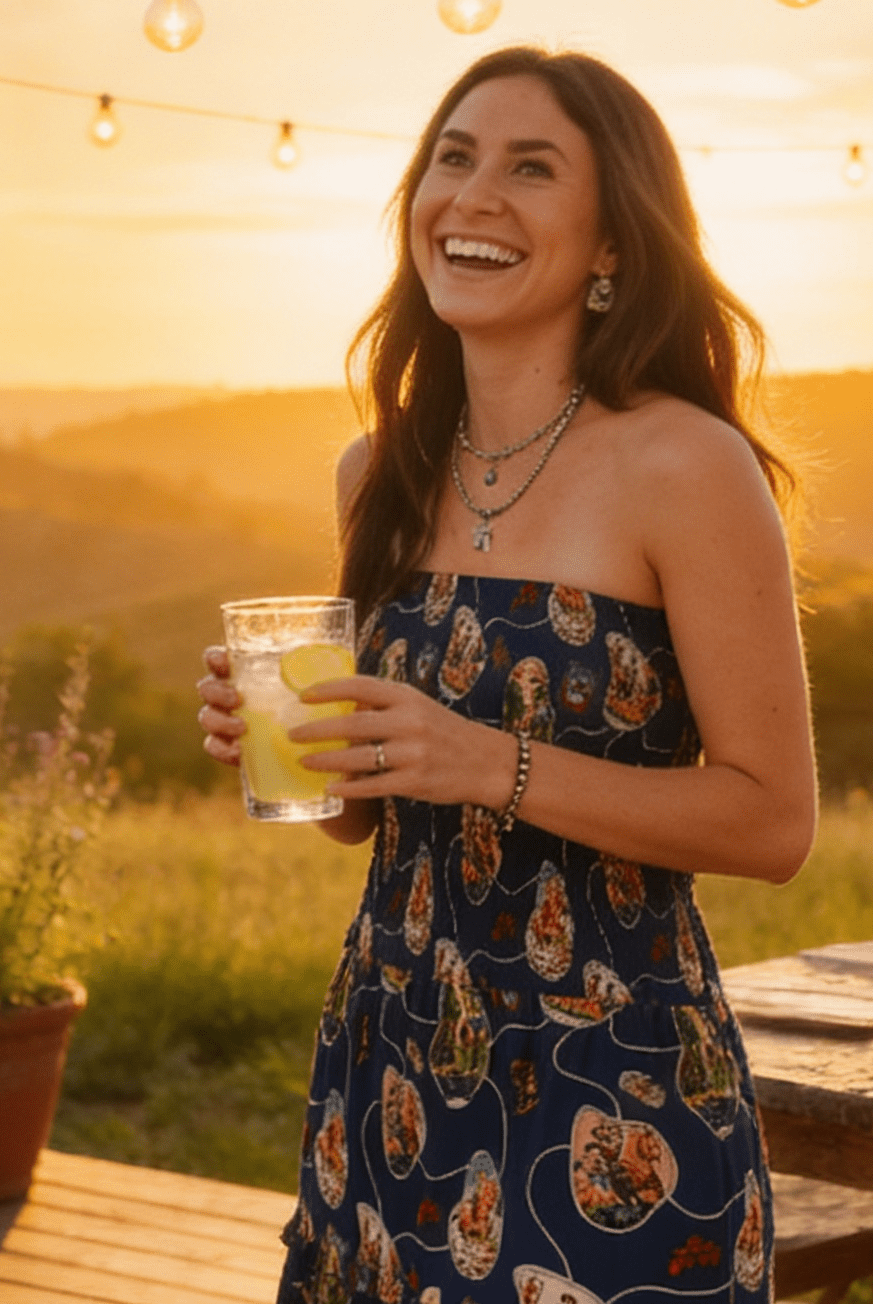 Navy Retro Rodeo Print Smocked Strapless Western Midi Dress - Cowhide and Conchos