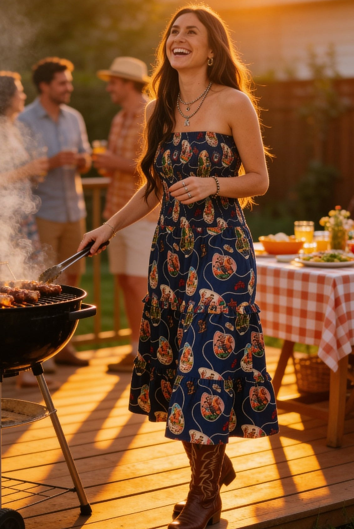 Navy Retro Rodeo Print Smocked Strapless Western Midi Dress - Cowhide and Conchos