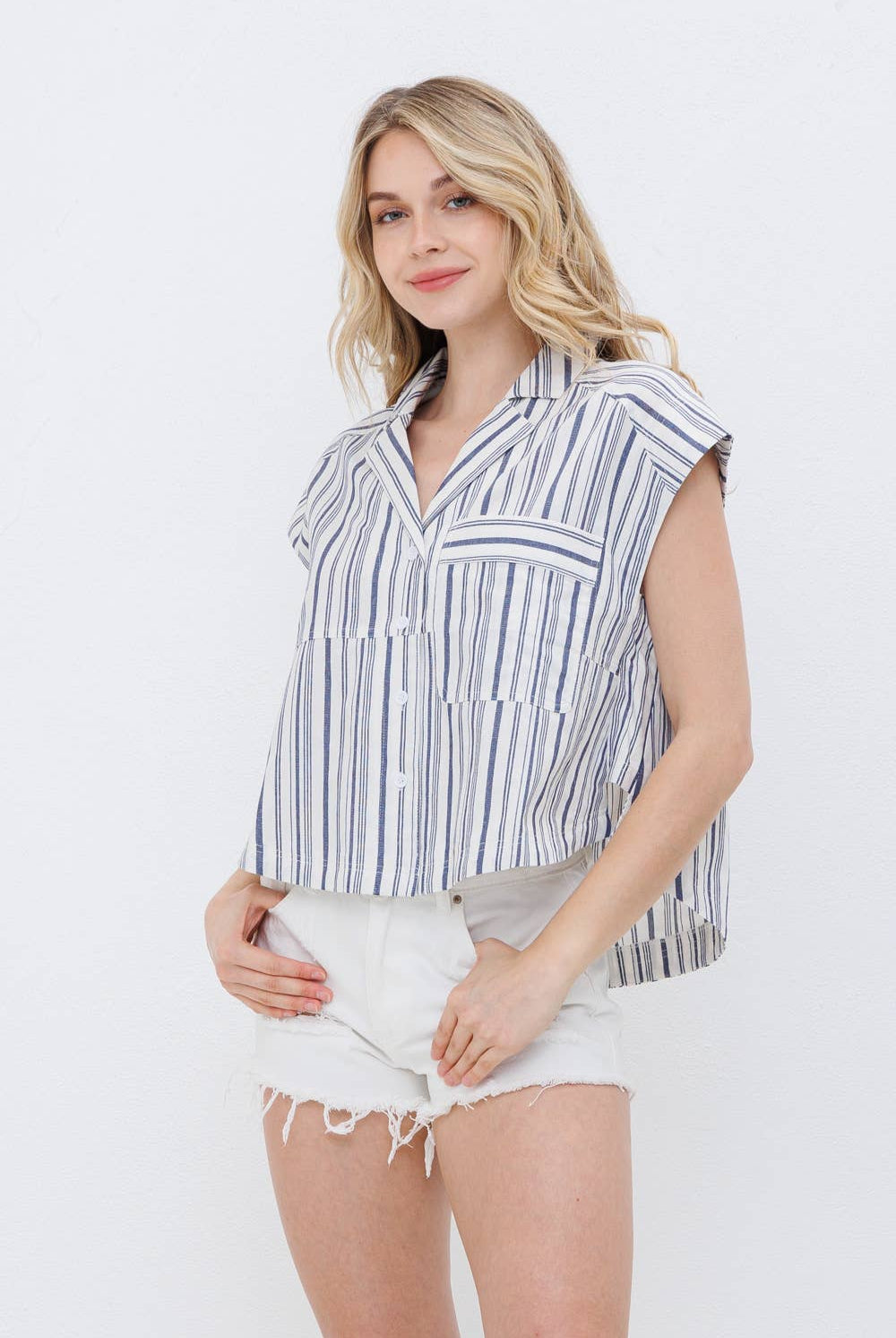 Navy Stripe Button Up Shirt - Cowhide and Conchos