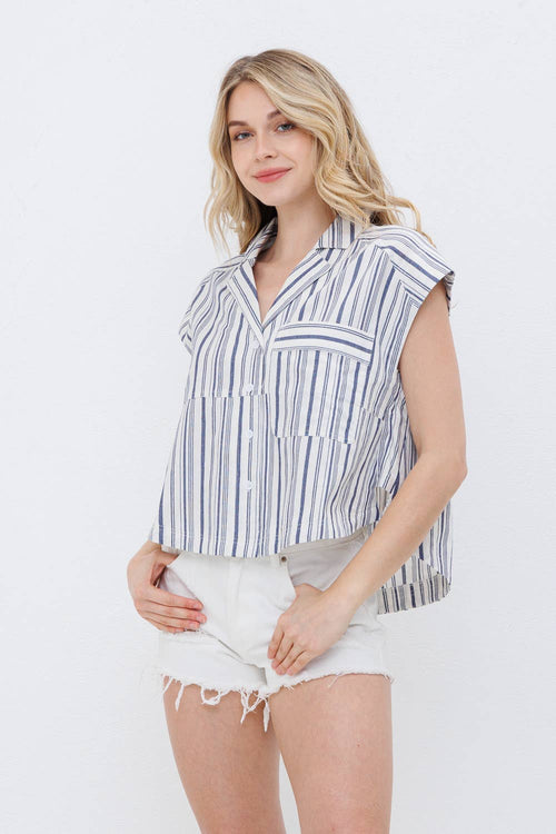Navy Stripe Button Up Shirt - Cowhide and Conchos