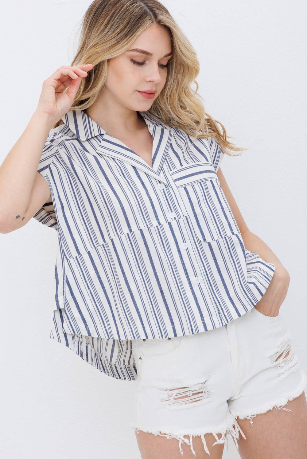 Navy Stripe Button Up Shirt - Cowhide and Conchos