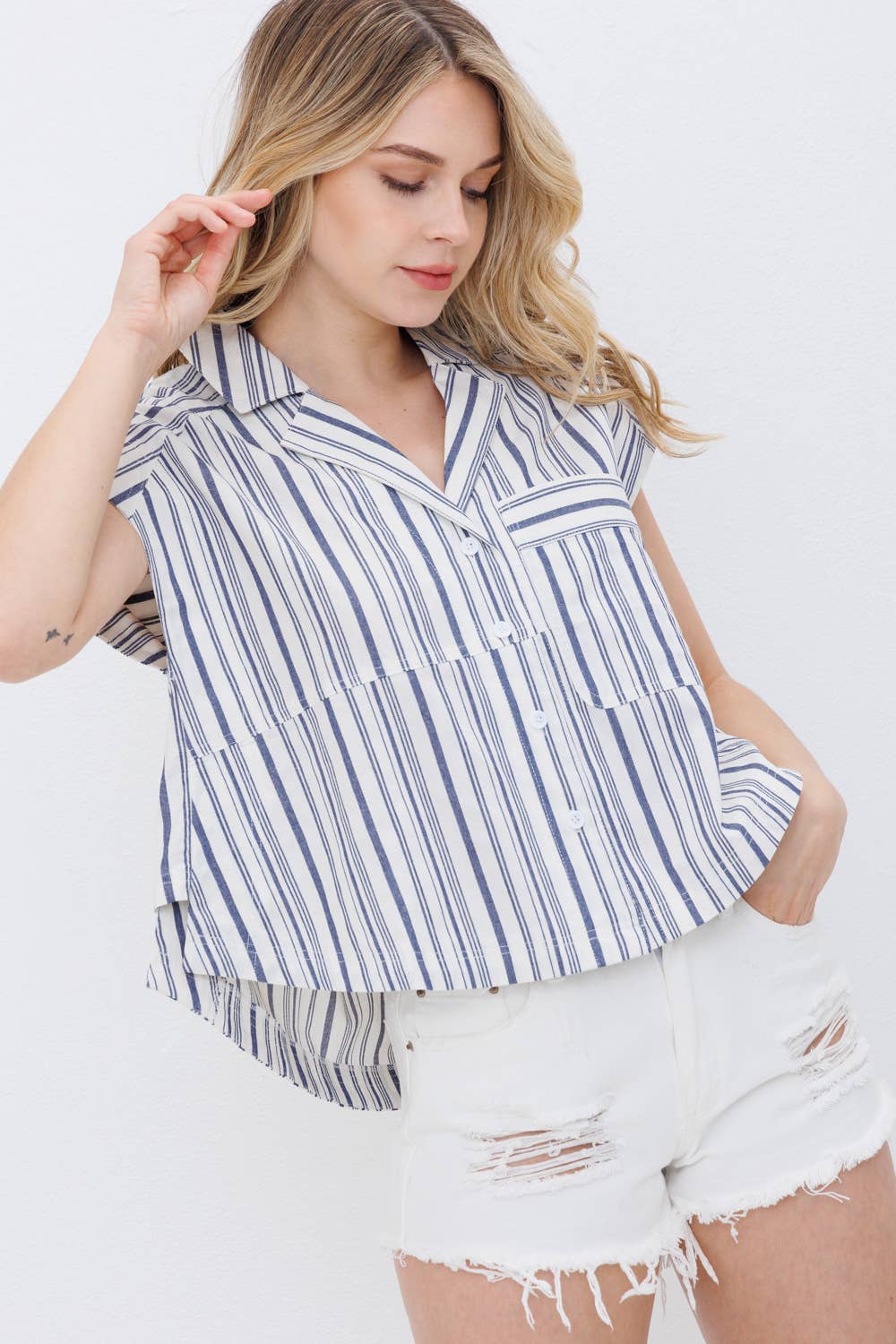 Navy Stripe Button Up Shirt - Cowhide and Conchos