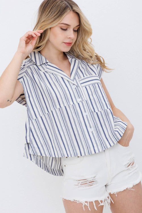 Navy Stripe Button Up Shirt - Cowhide and Conchos