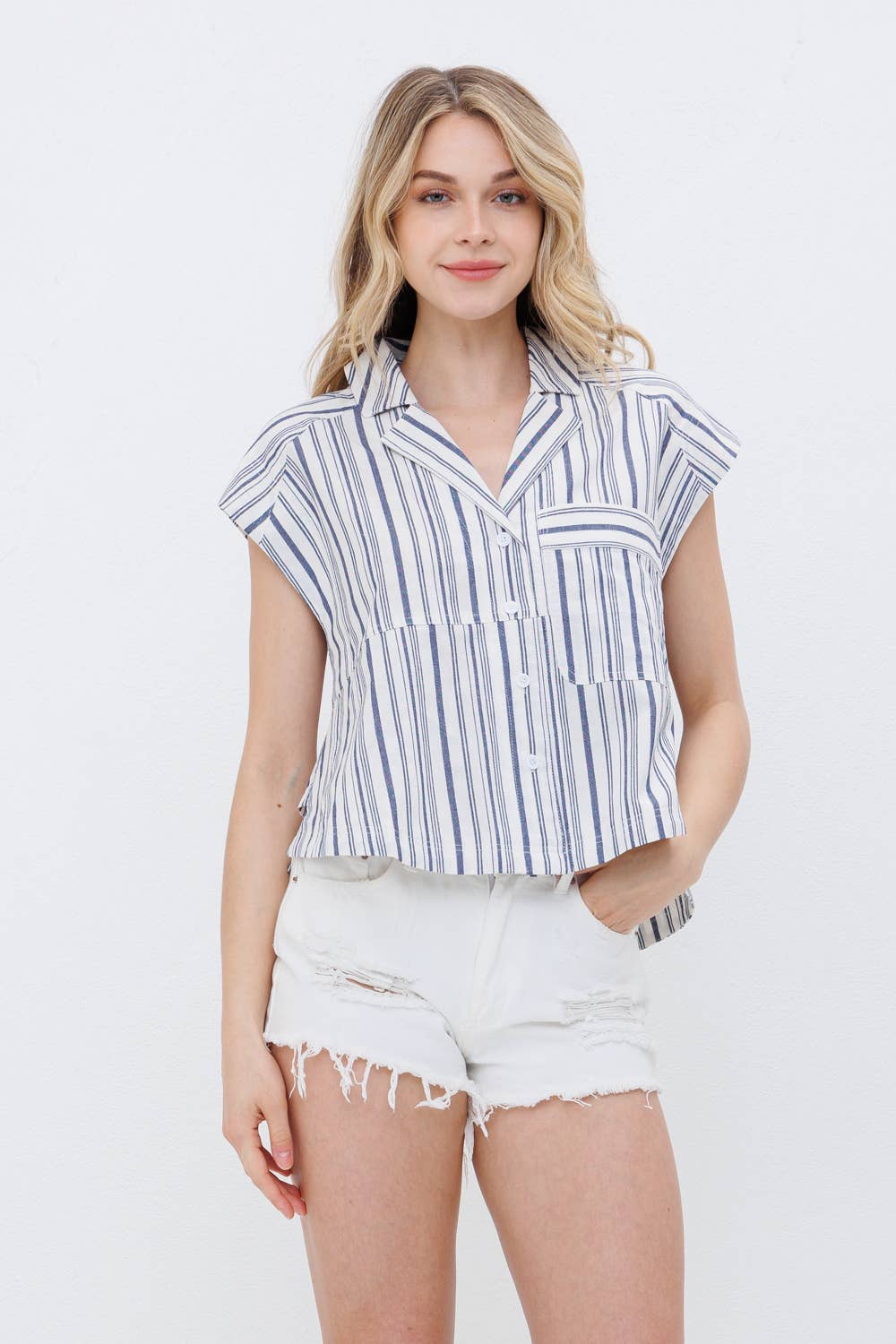 Navy Stripe Button Up Shirt - Cowhide and Conchos