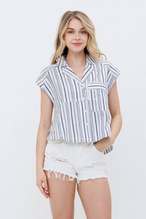 Navy Stripe Button Up Shirt - Cowhide and Conchos