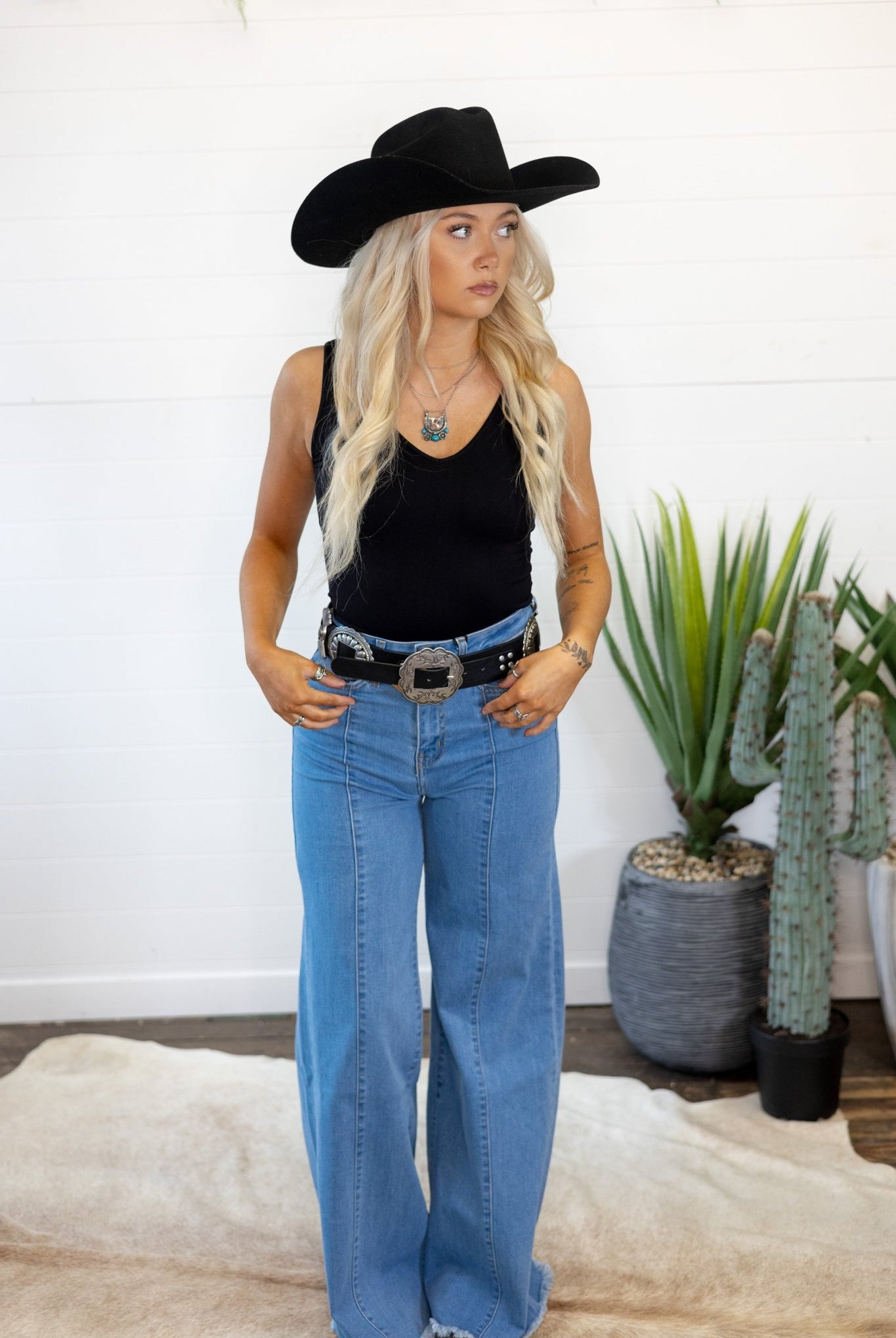 O2 Front Seam Wide Leg Denim Jeans - Light Wash - Cowhide and Conchos