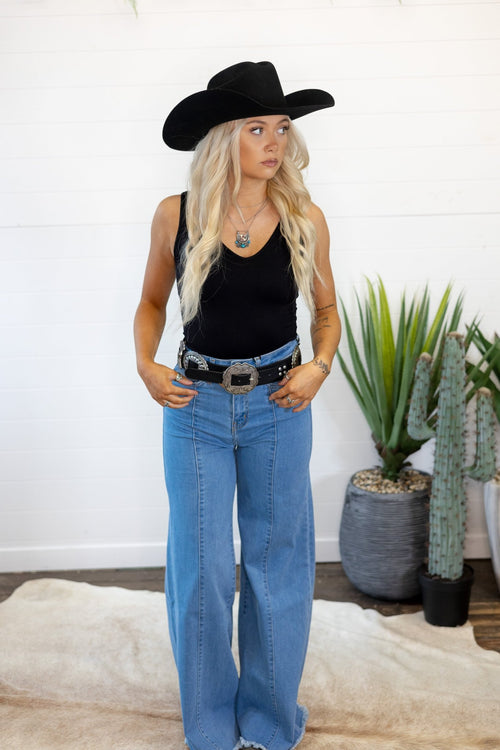 O2 Front Seam Wide Leg Denim Jeans - Light Wash - Cowhide and Conchos