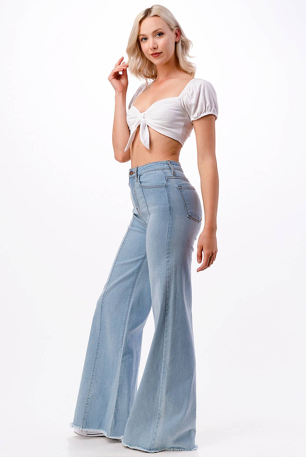 O2 Front Seam Wide Leg Denim Jeans - Light Wash - Cowhide and Conchos