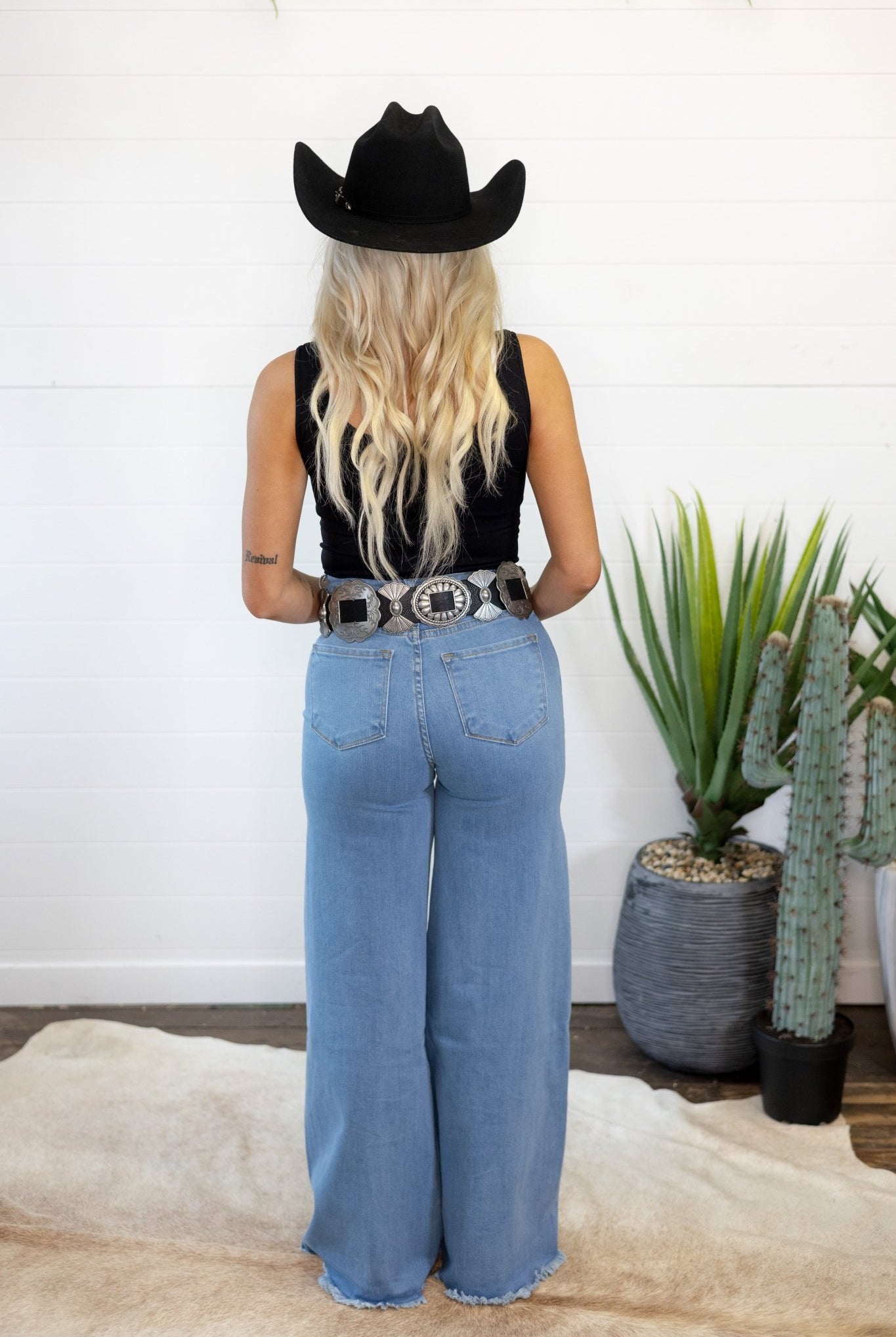 O2 Front Seam Wide Leg Denim Jeans - Light Wash - Cowhide and Conchos