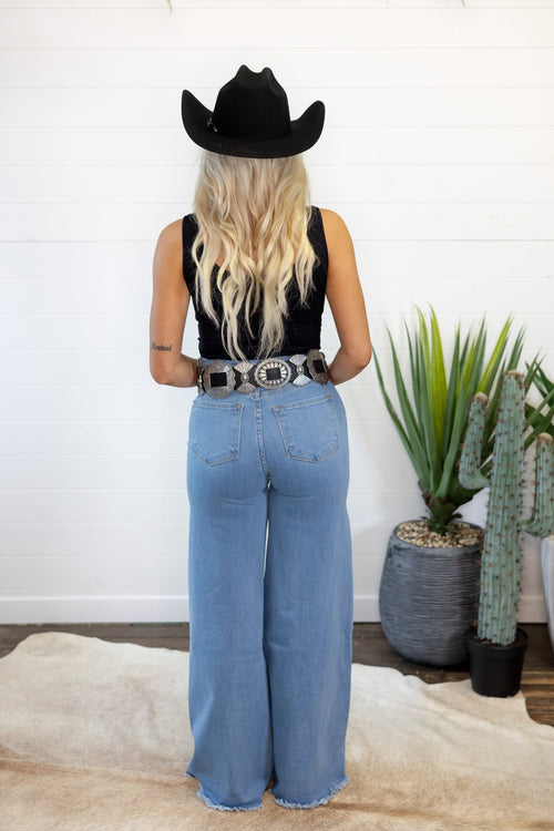 O2 Front Seam Wide Leg Denim Jeans - Light Wash - Cowhide and Conchos