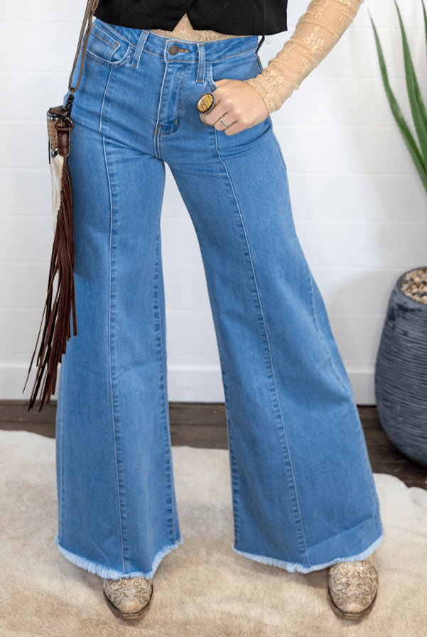 O2 Front Seam Wide Leg Denim Jeans - Light Wash - Cowhide and Conchos