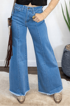 O2 Front Seam Wide Leg Denim Jeans - Light Wash - Cowhide and Conchos