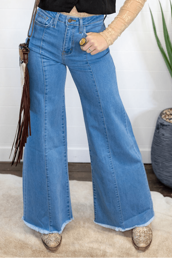 O2 Front Seam Wide Leg Denim Jeans - Light Wash - Cowhide and Conchos