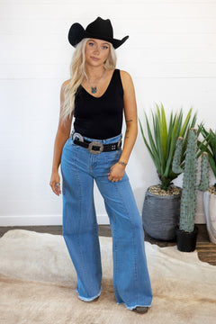 O2 Front Seam Wide Leg Denim Jeans - Light Wash - Cowhide and Conchos
