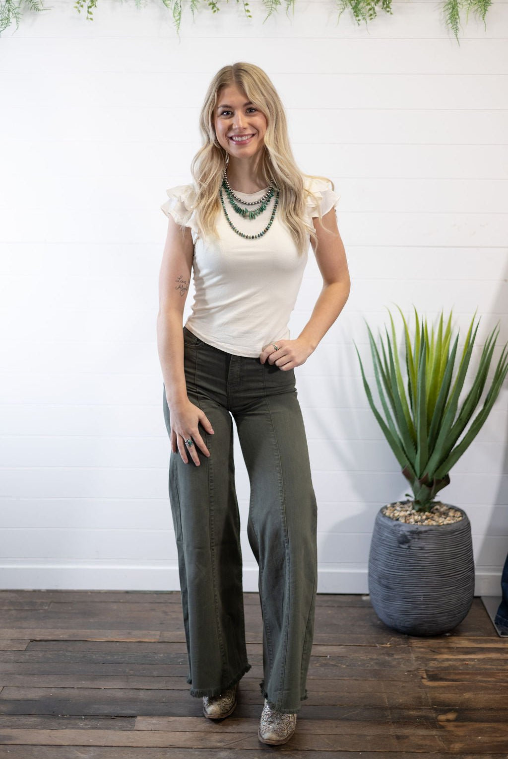O2 Front Seam Wide Leg Denim Jeans - Olive - Cowhide and Conchos