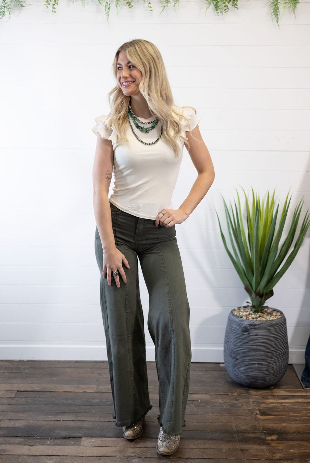 O2 Front Seam Wide Leg Denim Jeans - Olive - Cowhide and Conchos
