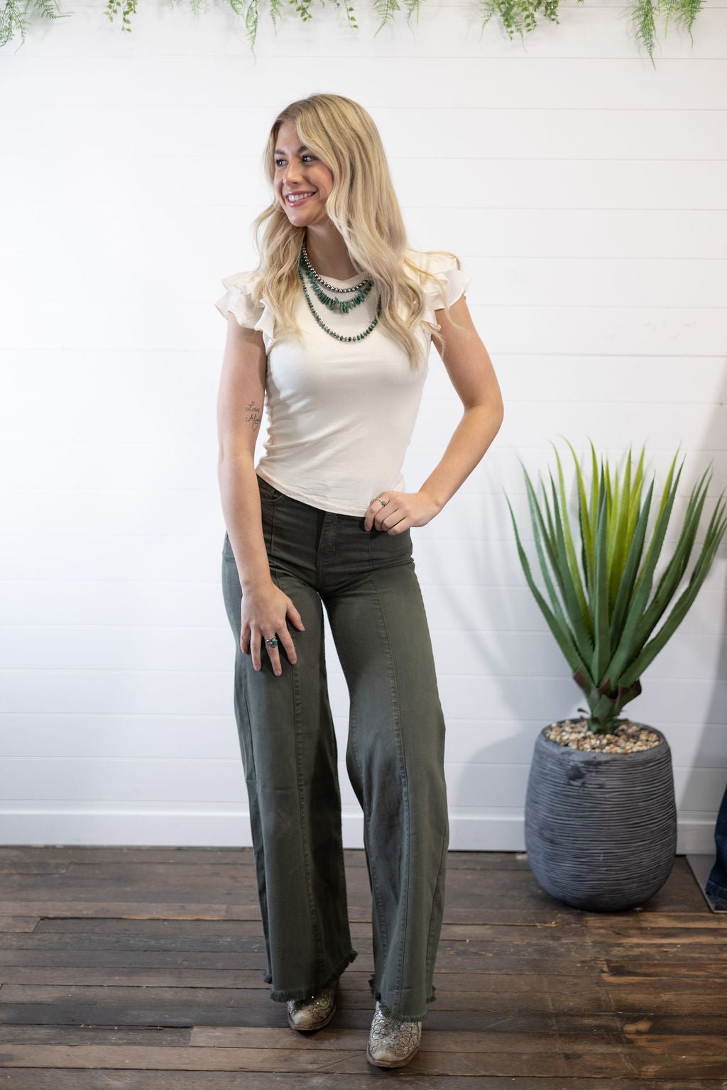 O2 Front Seam Wide Leg Denim Jeans - Olive - Cowhide and Conchos
