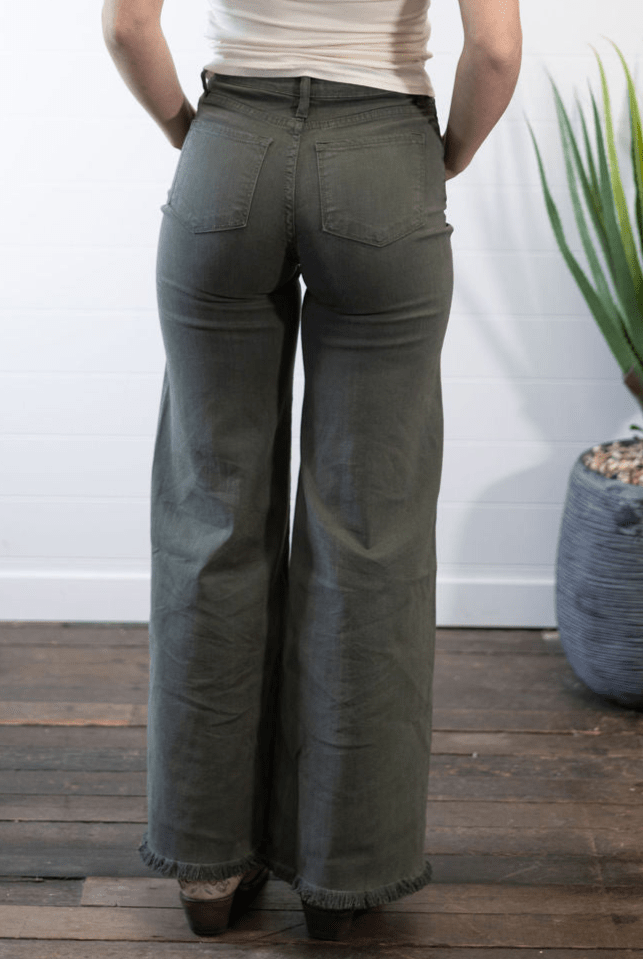 O2 Front Seam Wide Leg Denim Jeans - Olive - Cowhide and Conchos