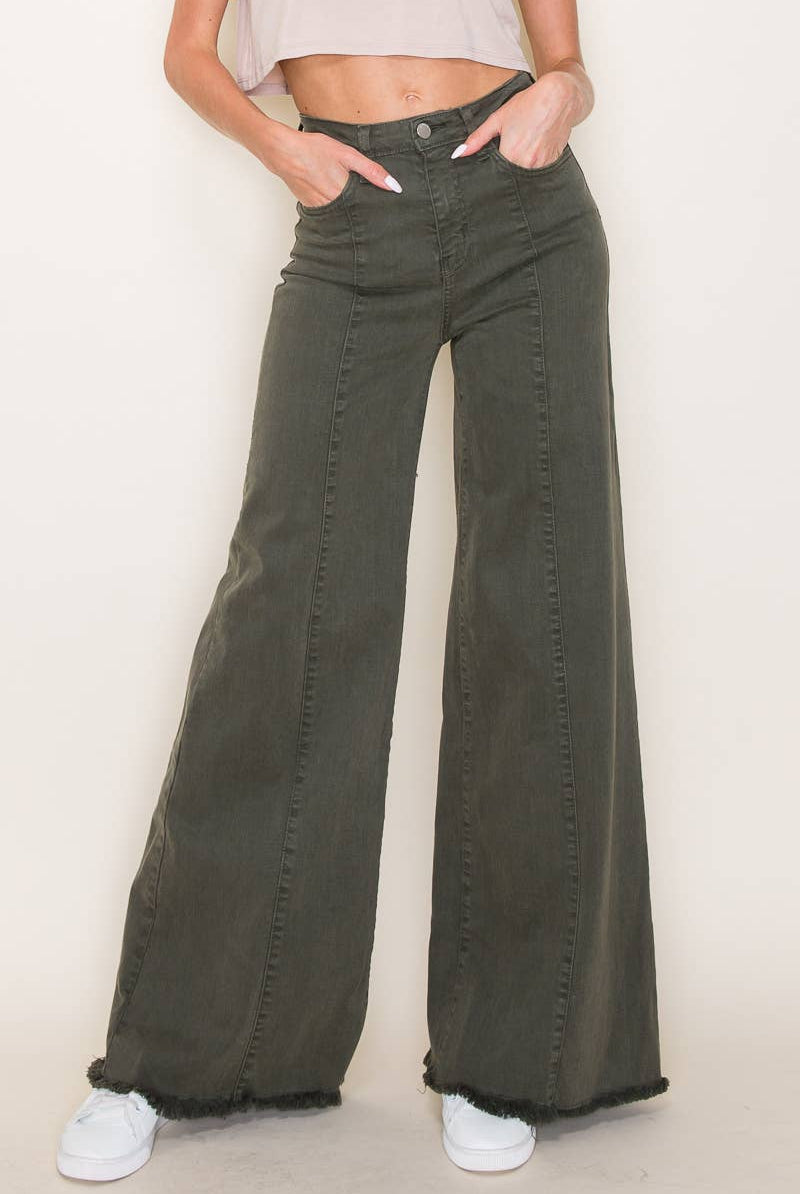 O2 Front Seam Wide Leg Denim Jeans - Olive - Cowhide and Conchos