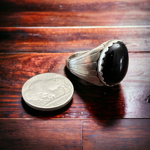Old Pawn Onyx Ring - Cowhide and Conchos
