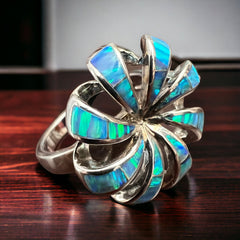 Opalite inlay ring on Sterling Silver - Cowhide and Conchos