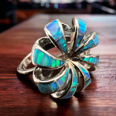 Opalite inlay ring on Sterling Silver - Cowhide and Conchos