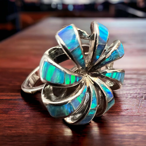 Opalite inlay ring on Sterling Silver - Cowhide and Conchos