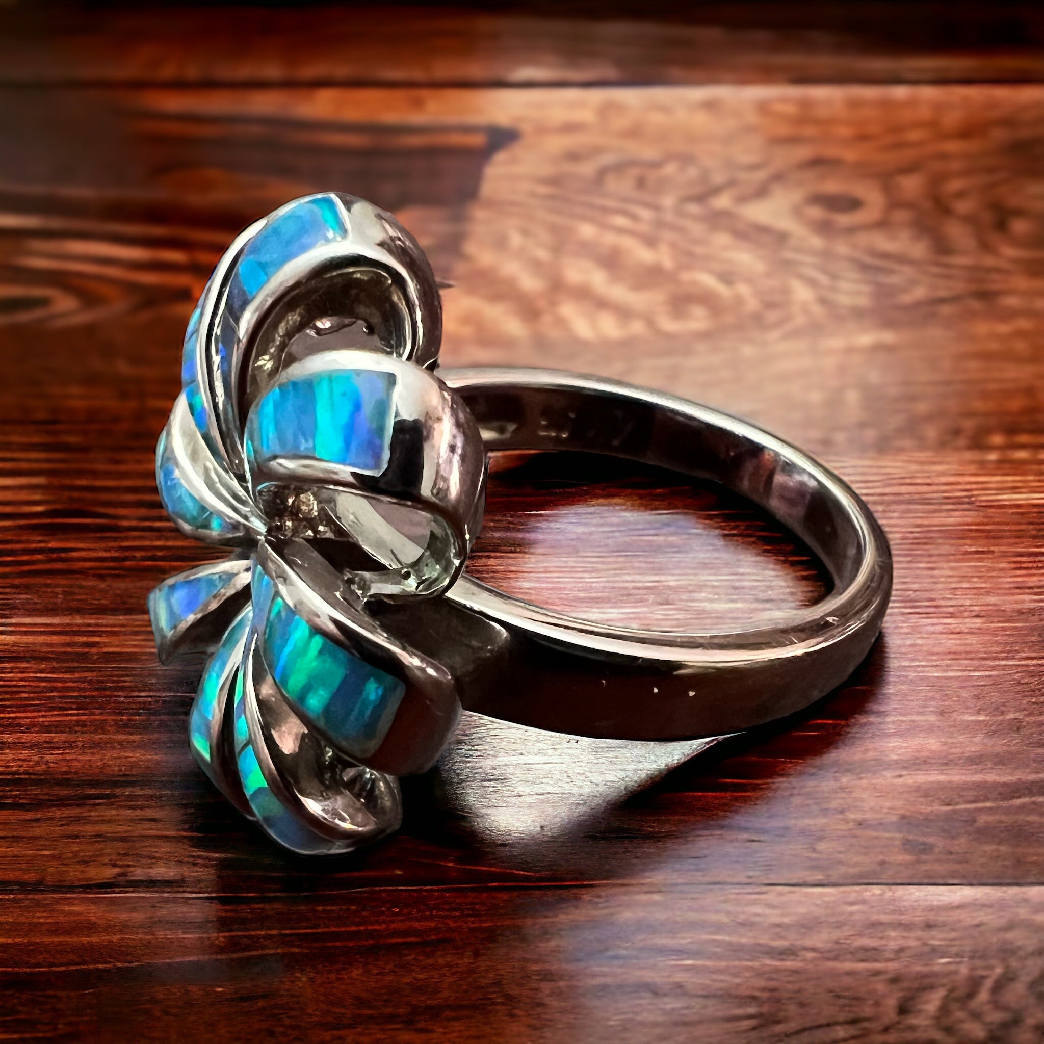 Opalite inlay ring on Sterling Silver - Cowhide and Conchos