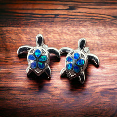 Opalite Sea Turtle Post Earrings - Sterling Silver - Cowhide and Conchos