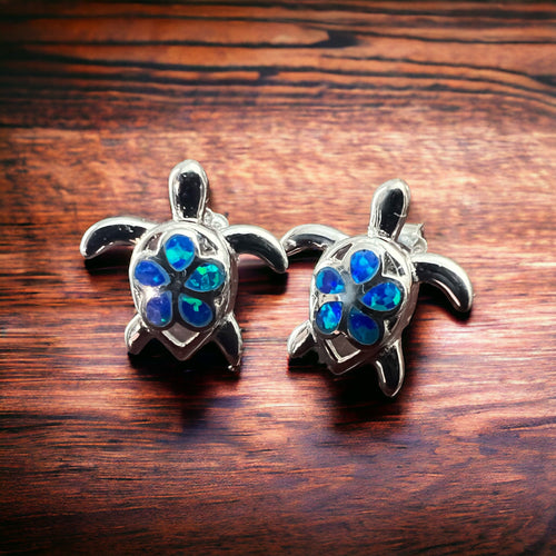 Opalite Sea Turtle Post Earrings - Sterling Silver - Cowhide and Conchos