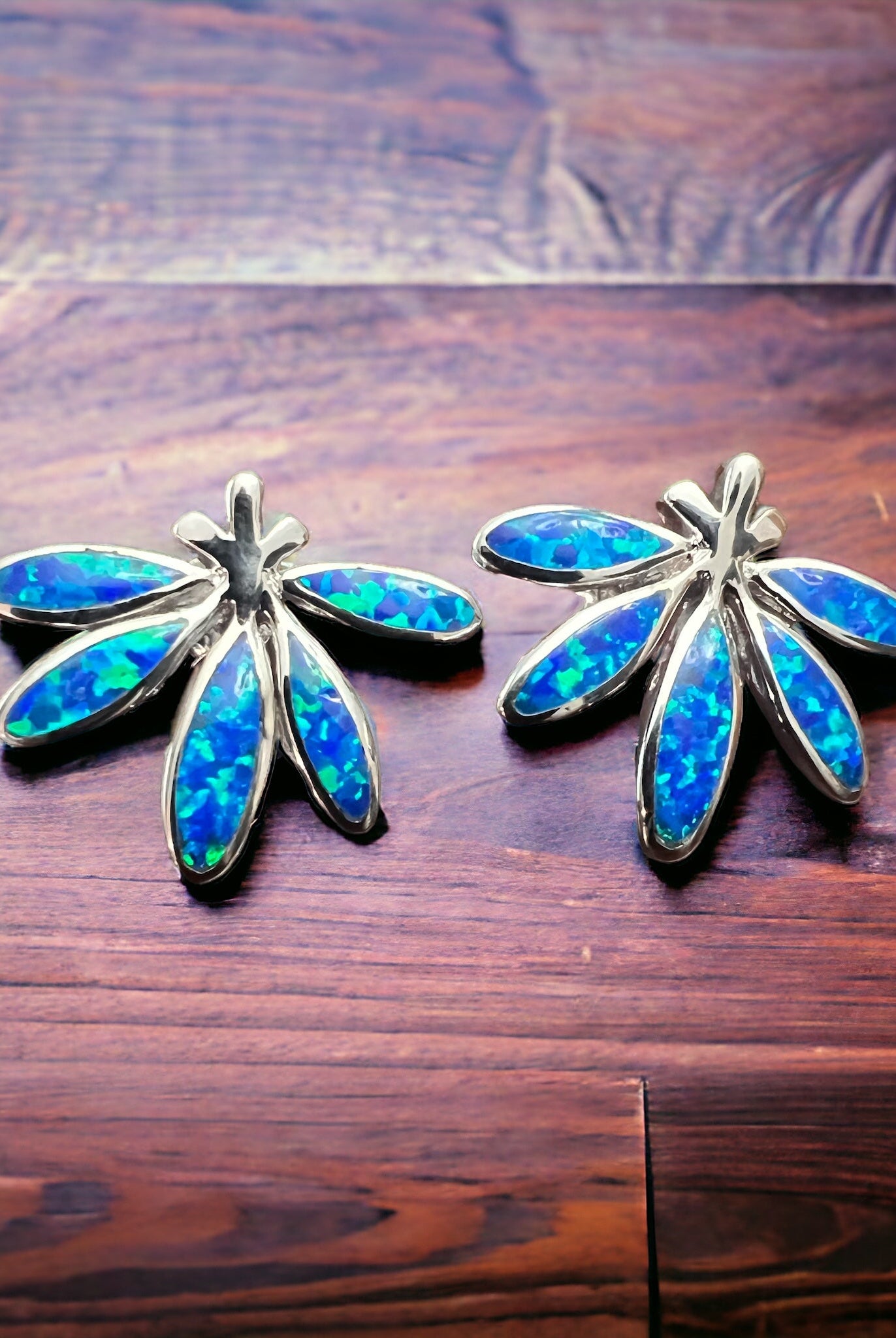 Opalite & Sterling Silver Post Earrings - Cowhide and Conchos