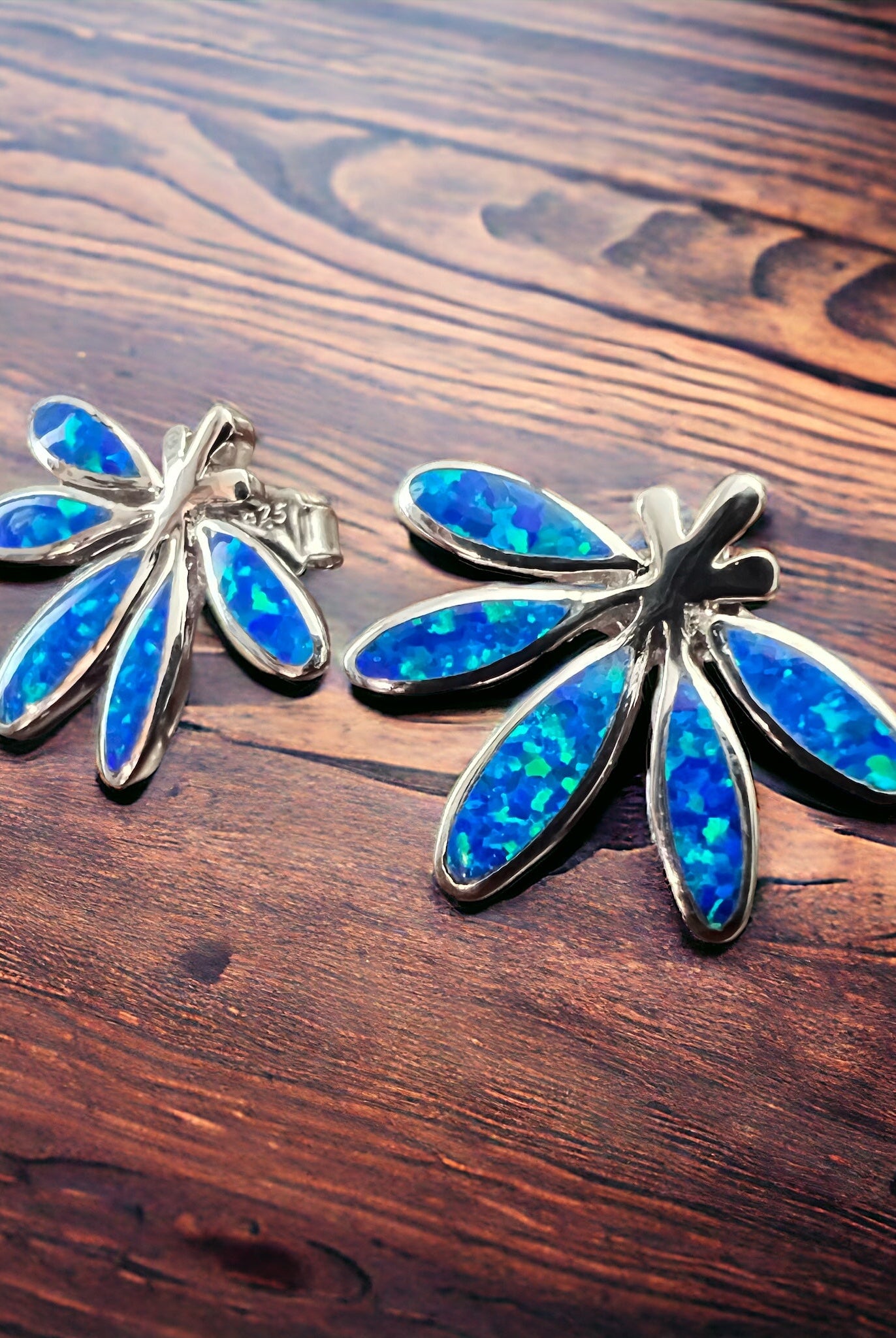 Opalite & Sterling Silver Post Earrings - Cowhide and Conchos
