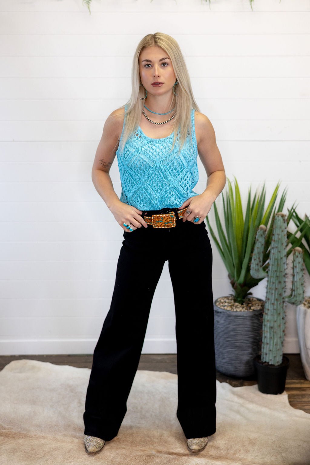 Open Stitch Sleeveless Top - Cowhide and Conchos