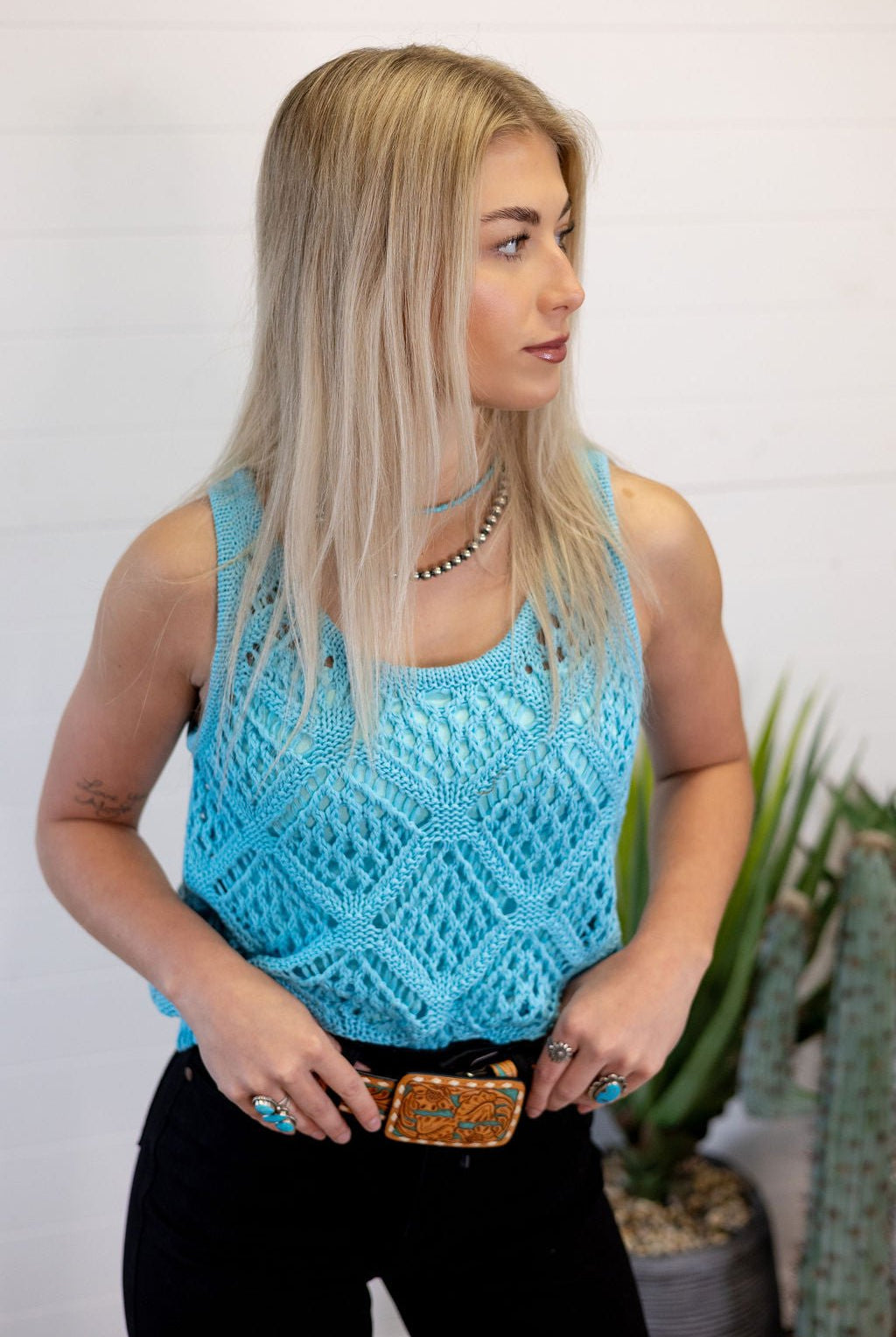 Open Stitch Sleeveless Top - Cowhide and Conchos