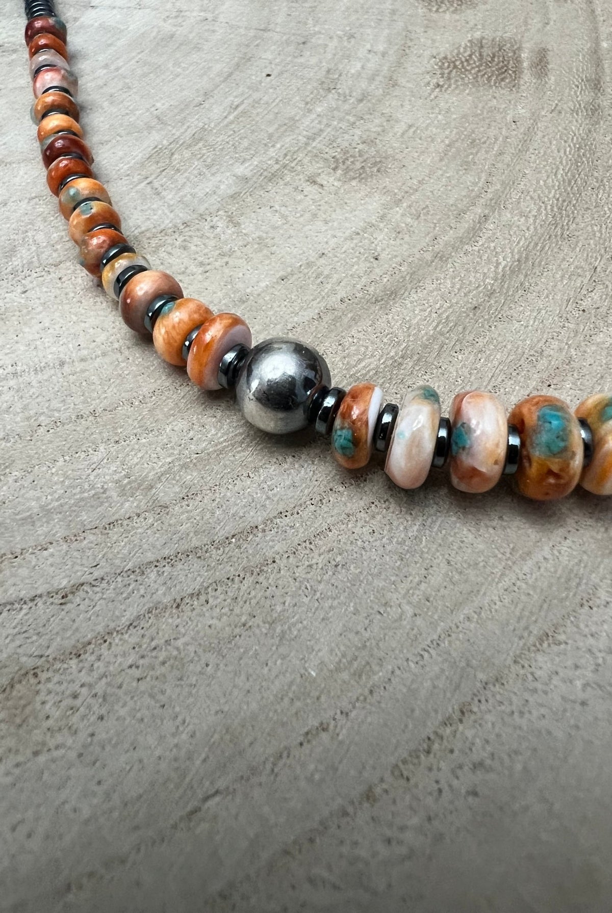 Orange & Turquoise Graduated Necklace - 22 inch - Cowhide and Conchos