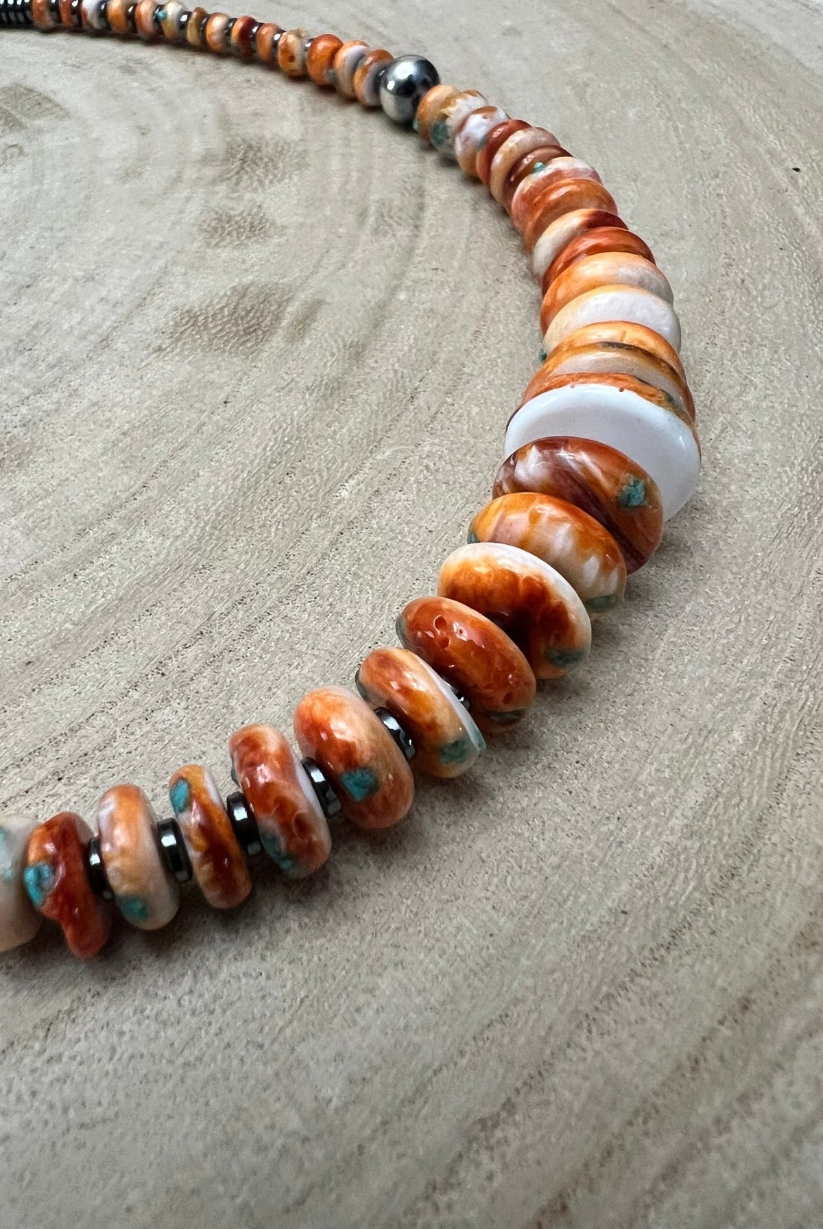 Orange & Turquoise Graduated Necklace - 22 inch - Cowhide and Conchos