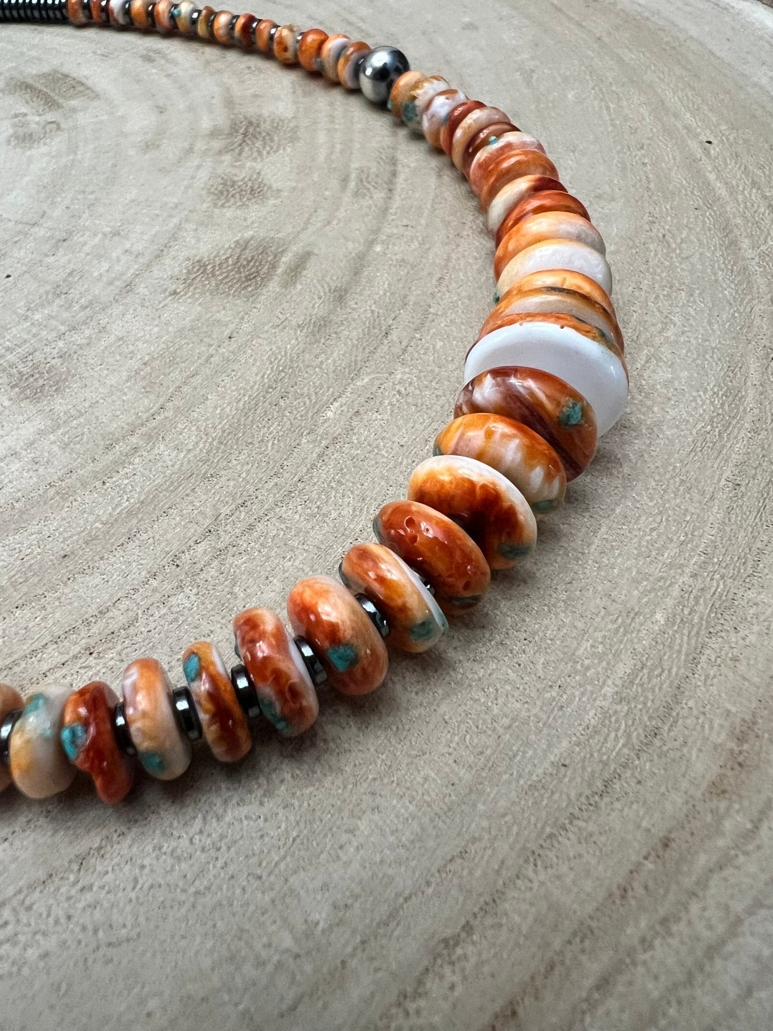 Orange & Turquoise Graduated Necklace - 22 inch - Cowhide and Conchos