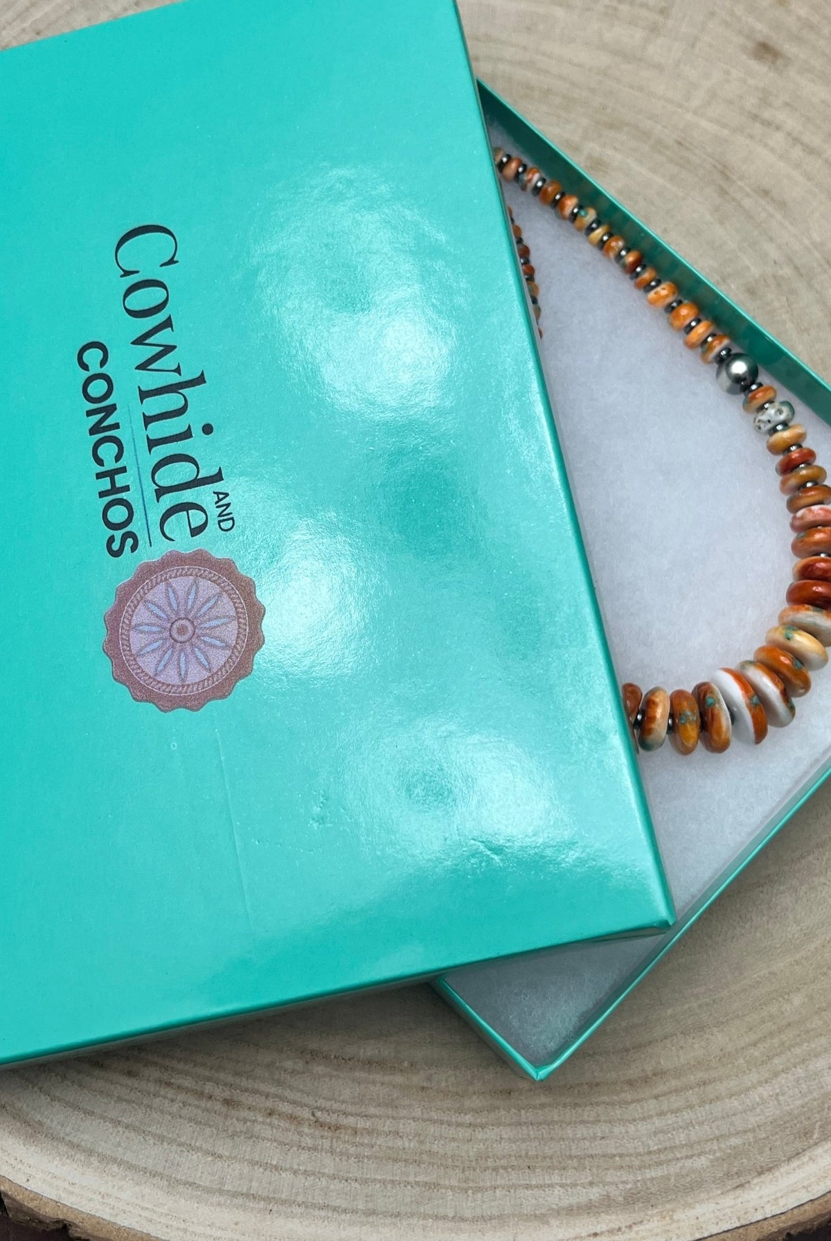 Orange & Turquoise Graduated Necklace - 22 inch - Cowhide and Conchos