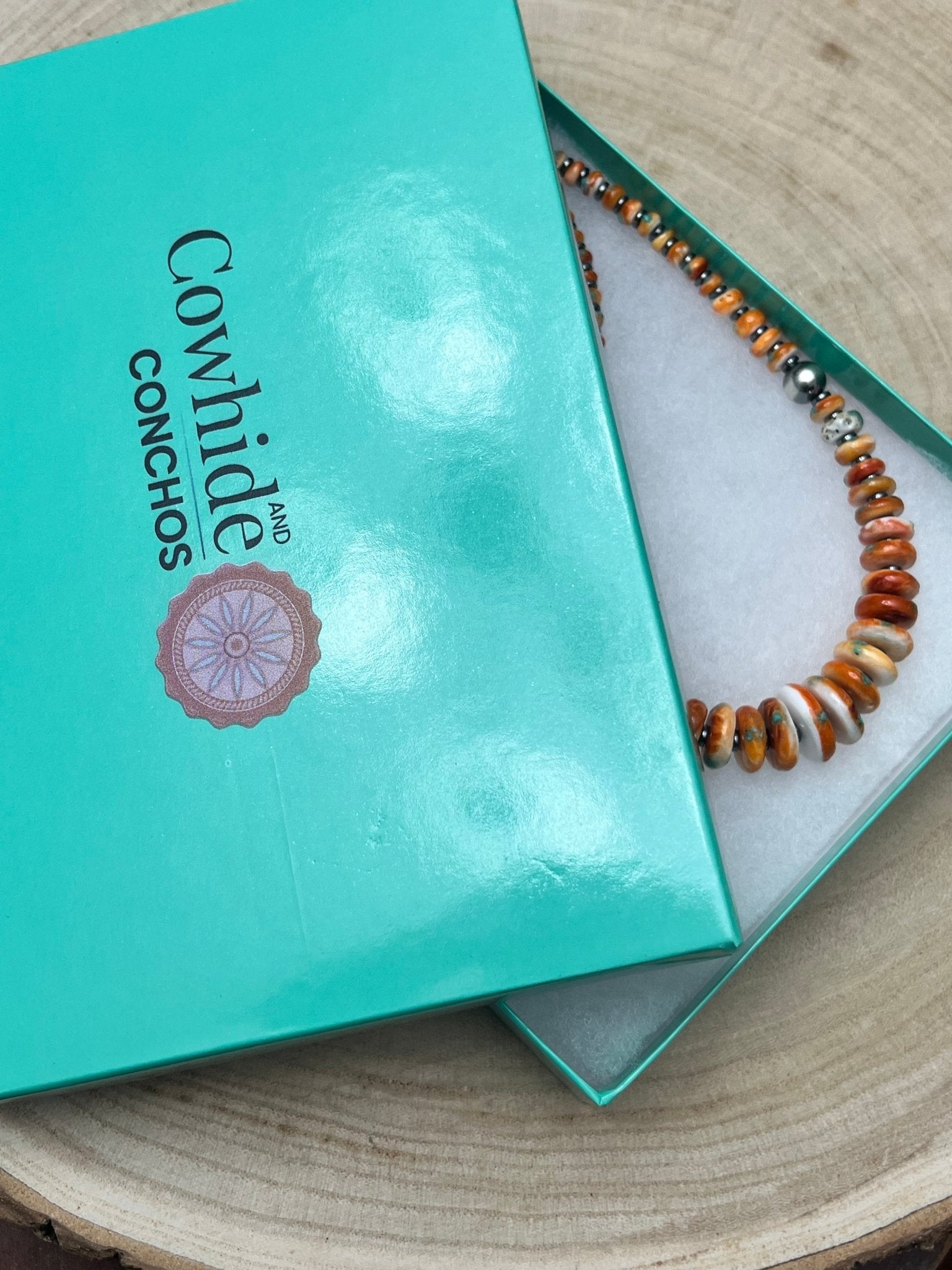 Orange & Turquoise Graduated Necklace - 22 inch - Cowhide and Conchos