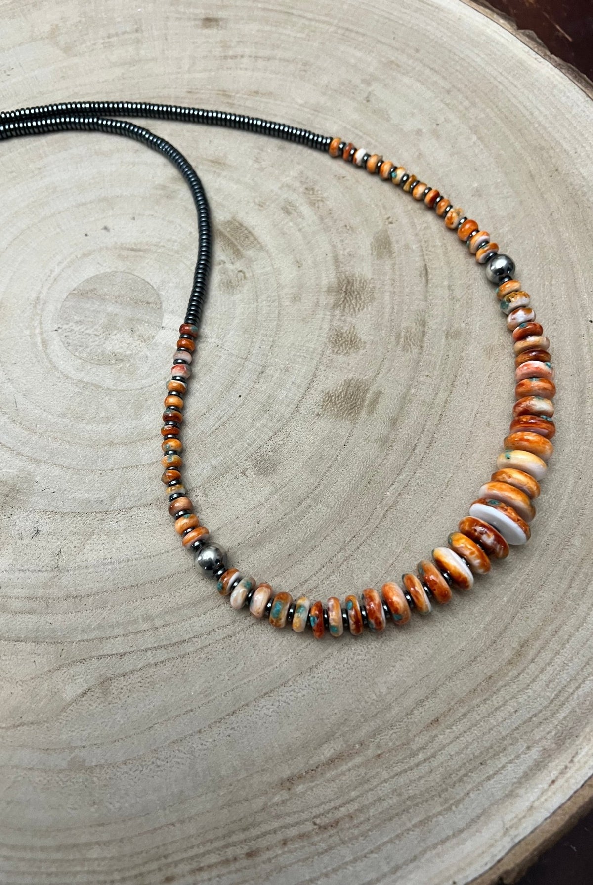 Orange & Turquoise Graduated Necklace - 22 inch - Cowhide and Conchos
